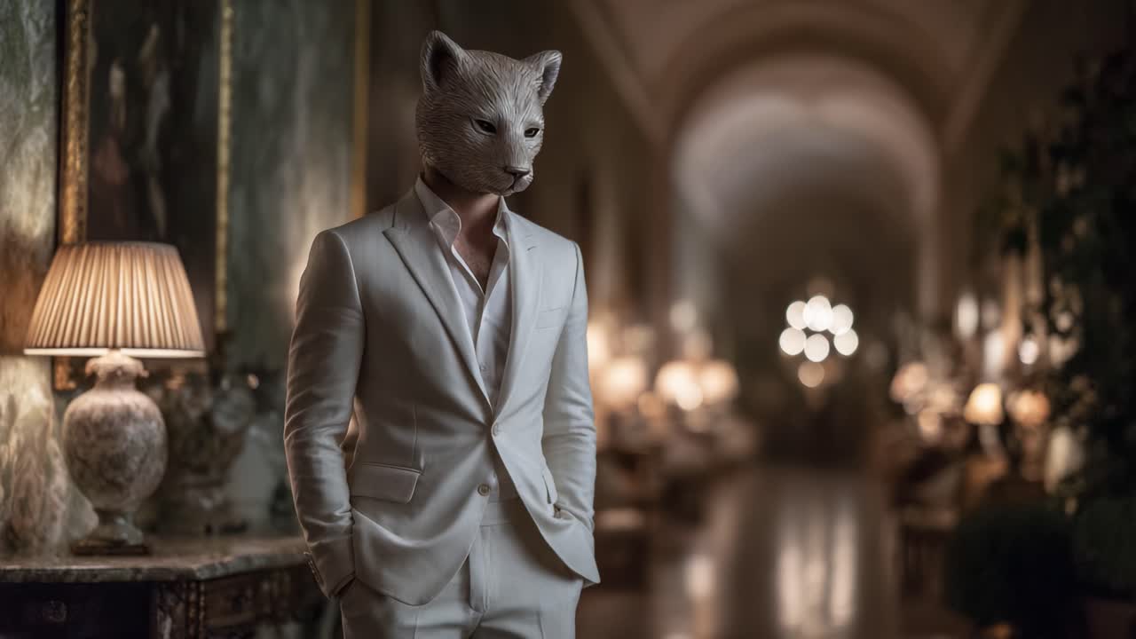 A Mysterious Figure in a Formal White Suit and Animal Mask Stands Elegantly in an Opulent Hallway, Surrounded by Decorative Lights and Classic Furnishings