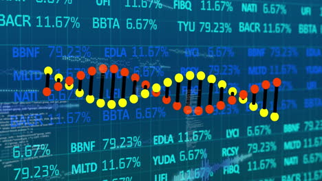 animación de la cadena de adn y procesamiento de datos en fondo azul