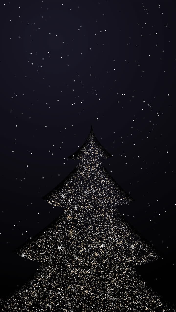 Background with shining Christmas tree and snowflakes. Animated Happy New Year invitation. Black background with shining particles. Looped. Vertical video.