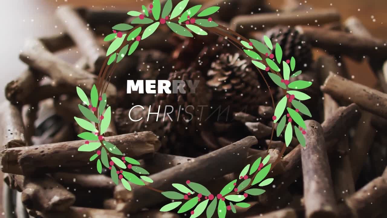 크리스마스 시즌의 애니메이션 크리스마스 장식 위에 눈이 내리는 인사