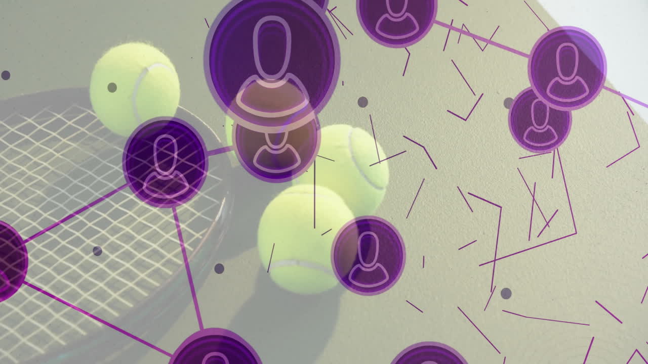 Tennis rackets and balls showing overhead view on hard court, featuring flat design purple icons