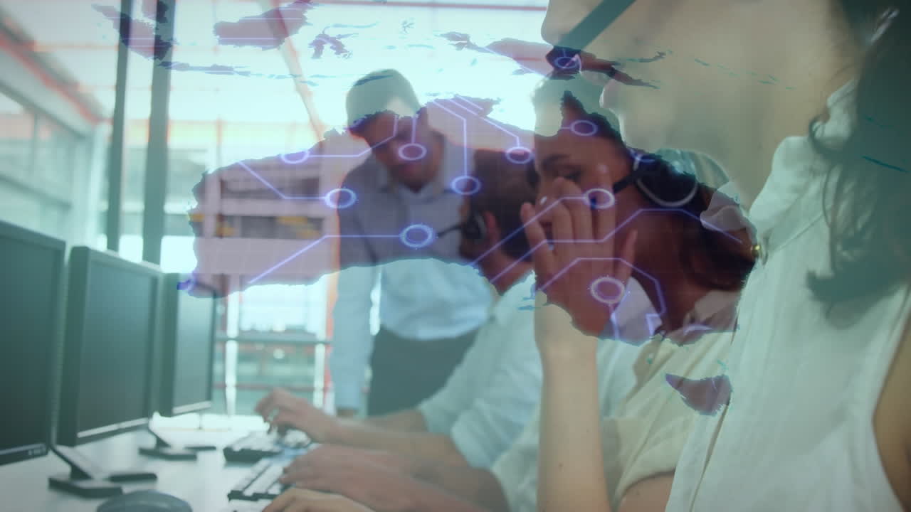 animación del mapa de australia sobre personas de negocios que usan auriculares