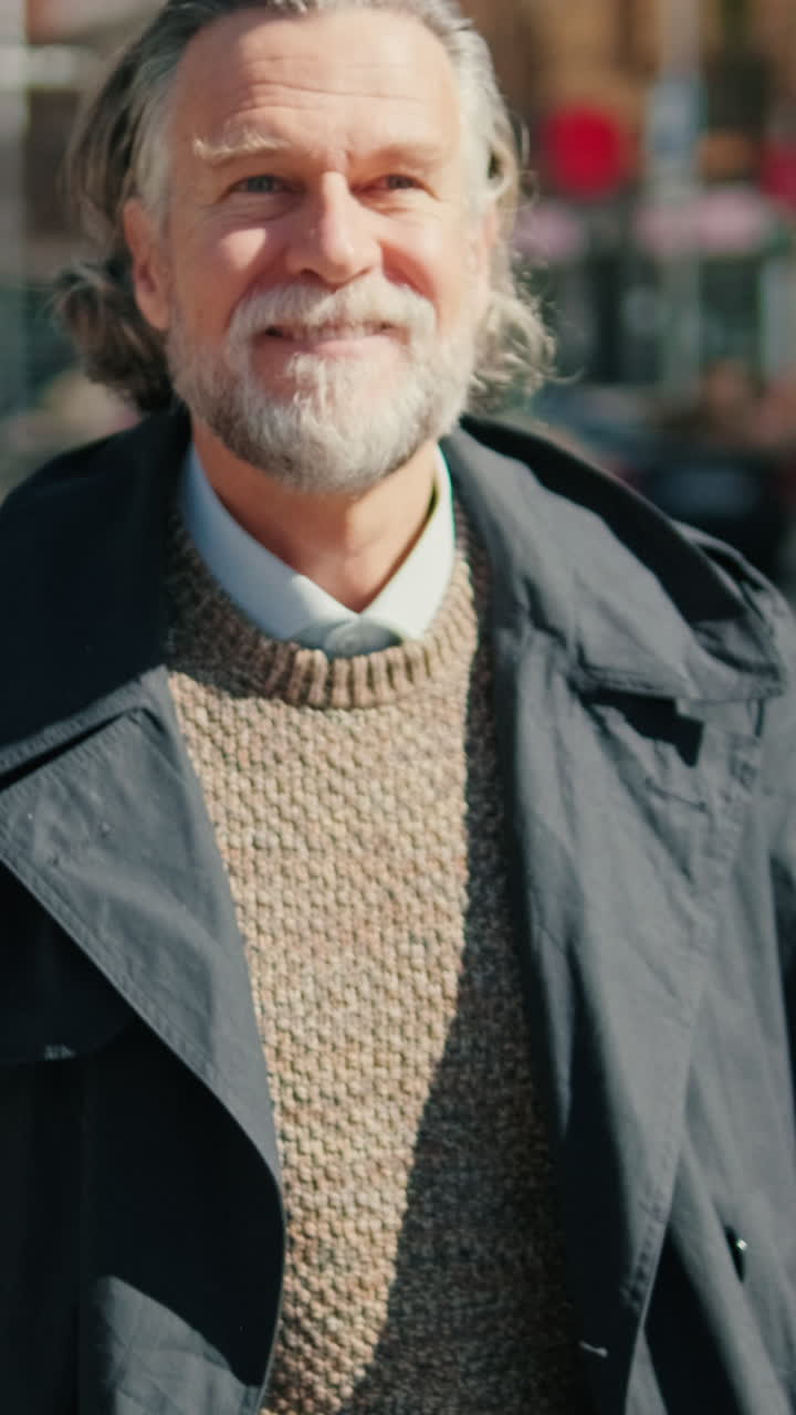 Smiling Senior Man Walking on City Street