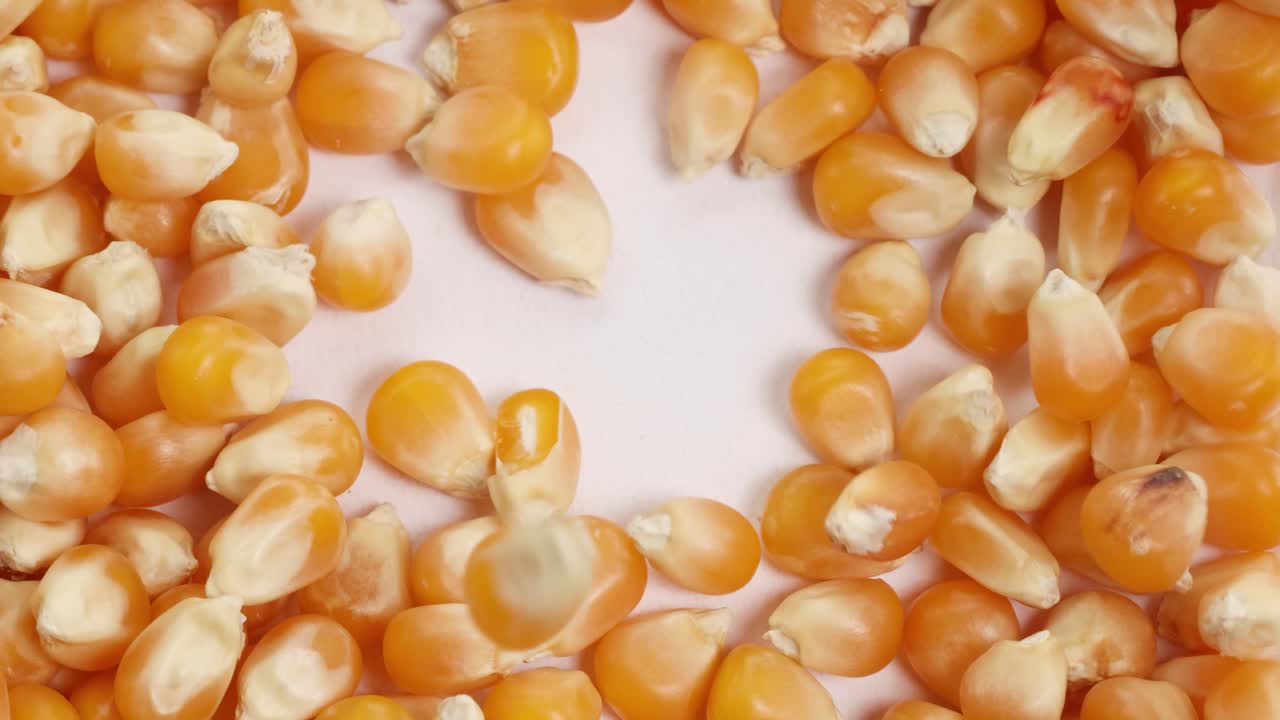 Corn kernels cascade onto a white surface, creating a dynamic visual of motion and texture