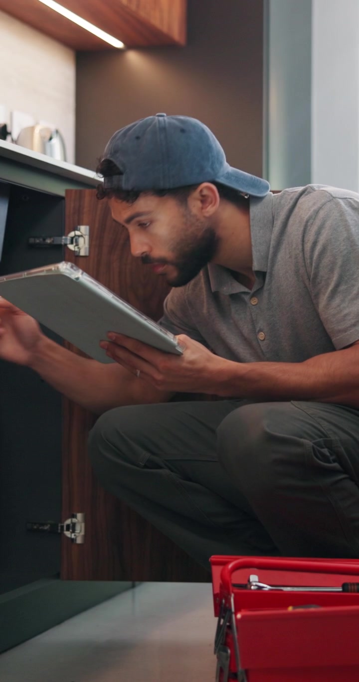 Handyman Using Digital Tablet to Repair Kitchen Cabinet