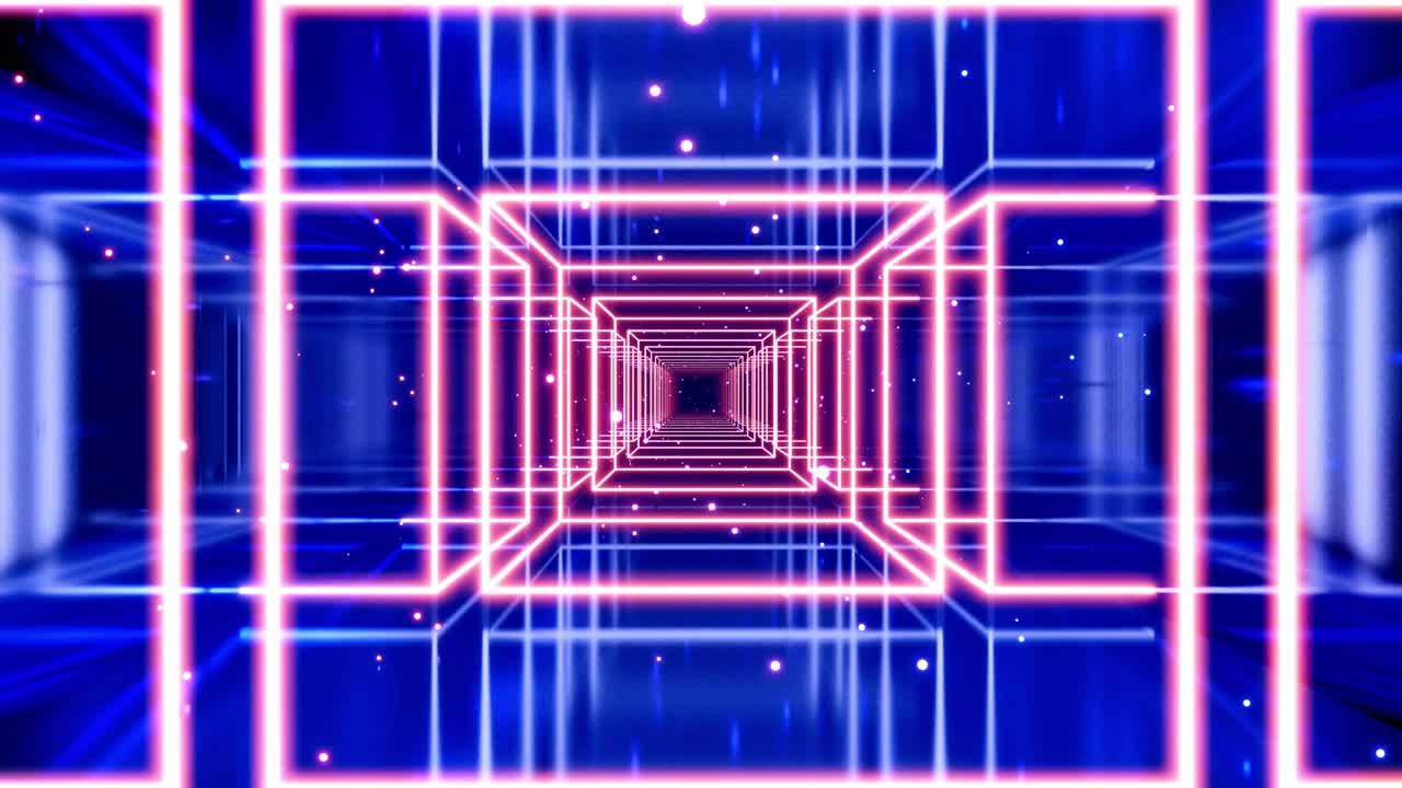 Motion graphic, camera fly in art space or tunnel with neon light. Modern motion design vj loop, flying through art space of glow rectangles, spheres, lines and wireframes, rainbow gradient color.
