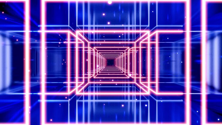 Motion graphic, telecamera che vola in uno spazio artistico o tunnel con luce al neon. Loop VJ di motion design moderno, volo attraverso uno spazio artistico di rettangoli, sfere, linee e wireframe luminosi, con colori sfumati arcobaleno.
