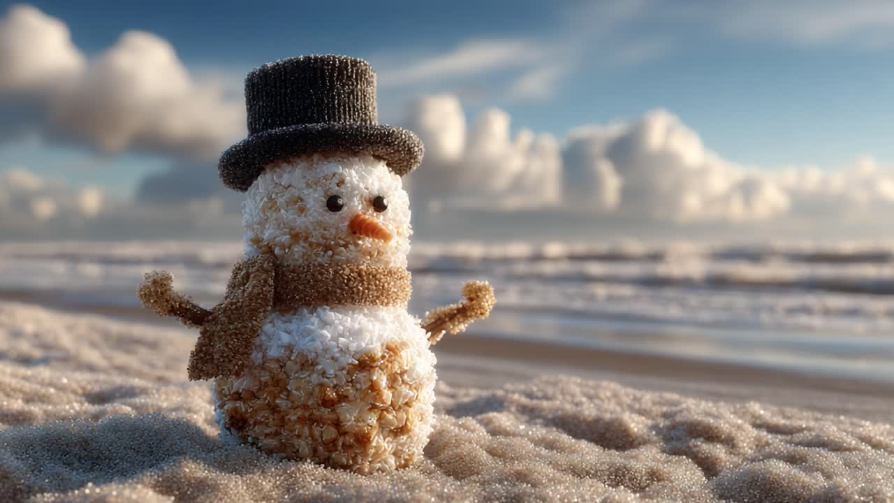 A whimsical snowman crafted from sand stands on a sunlit beach, capturing the clash of winter and summer in a delightful coastal scene