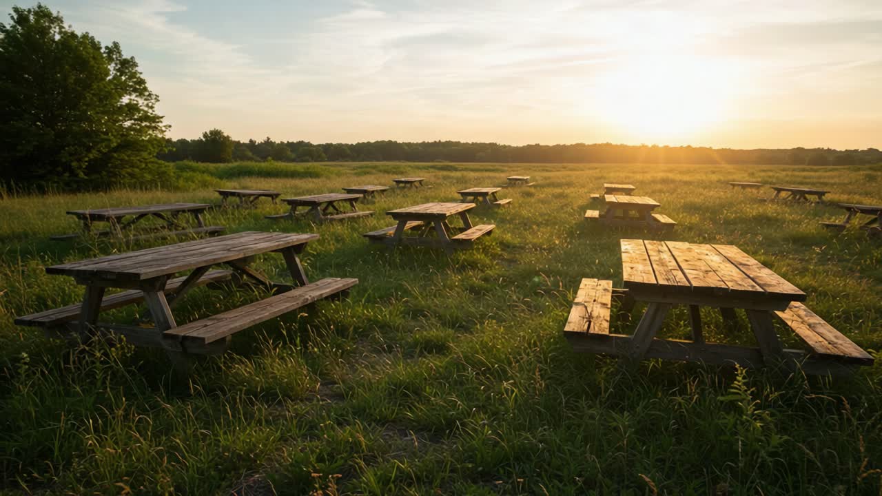 Friedlicher Sonnenuntergang über einem Picknickplatz: Eine ruhige Landschaft mit Holztischen inmitten von üppigem grünem Gras unter einem weiten Himmel.