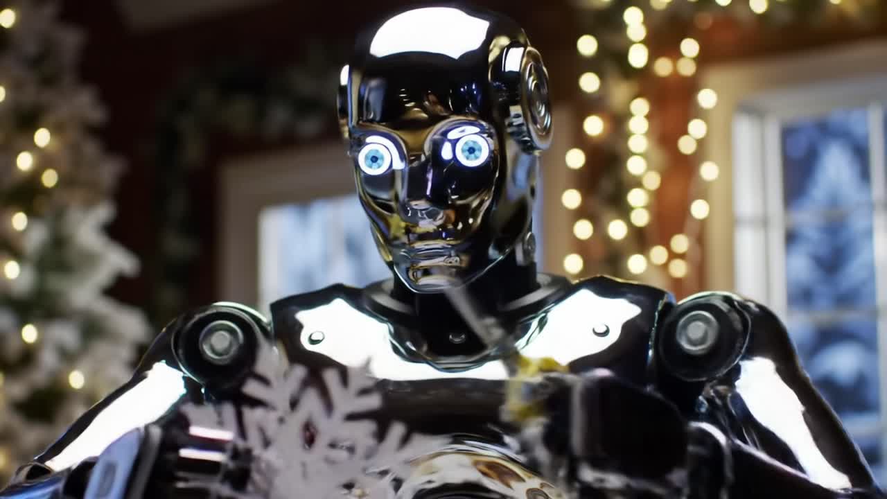 A Captivating Glimpse of a Futuristic Robot Creating Holiday Decorations Amidst a Warmly Lit Background Full of Festive Cheer and Sparkling Lights