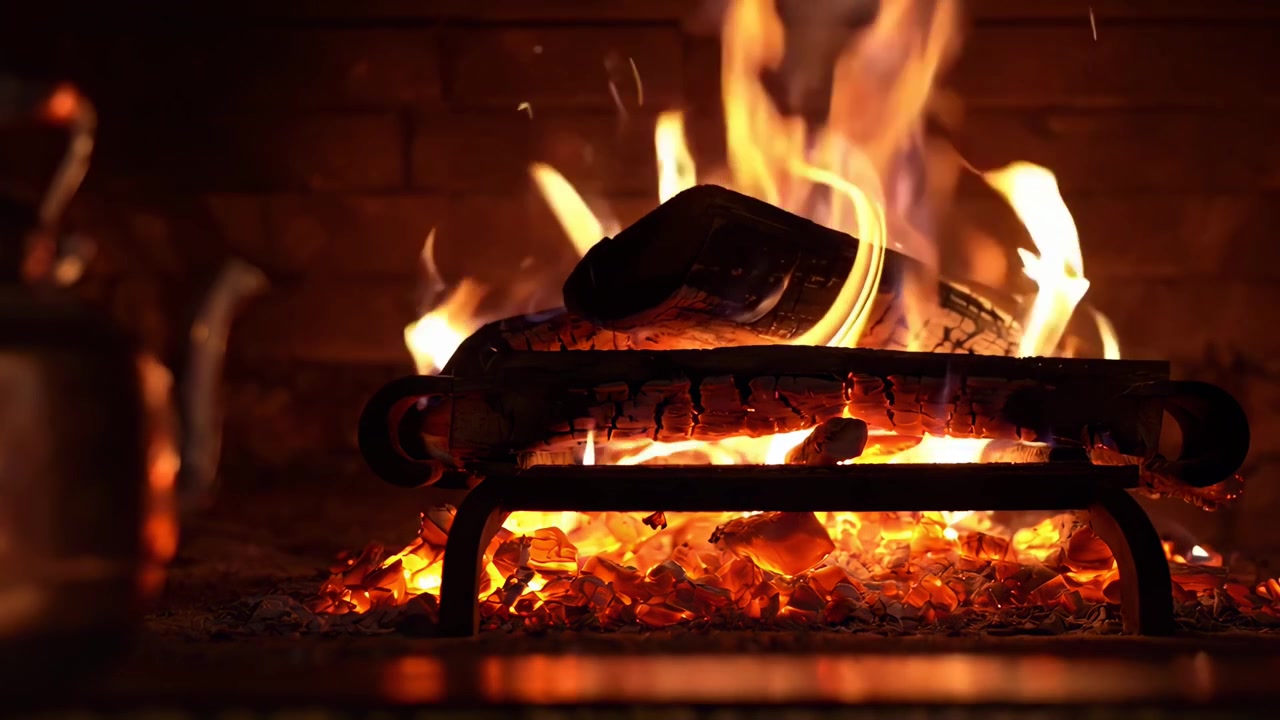 Chimenea cálida con leños ardiendo y brasas incandescentes