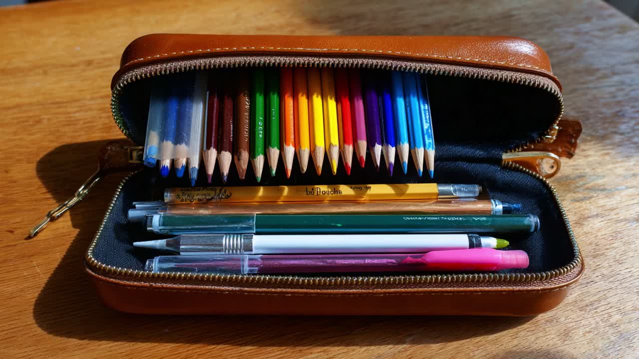 Un astuccio organizzato pieno di matite colorate, penne e pennarelli vivaci, che esprime creatività e preparazione per diverse attività artistiche e di scrittura