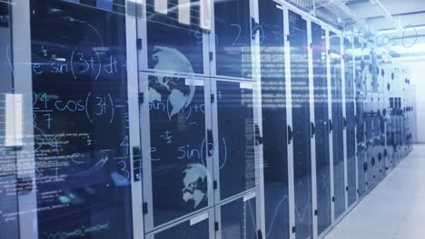 animation of data processing and mathematical equations against computer server room