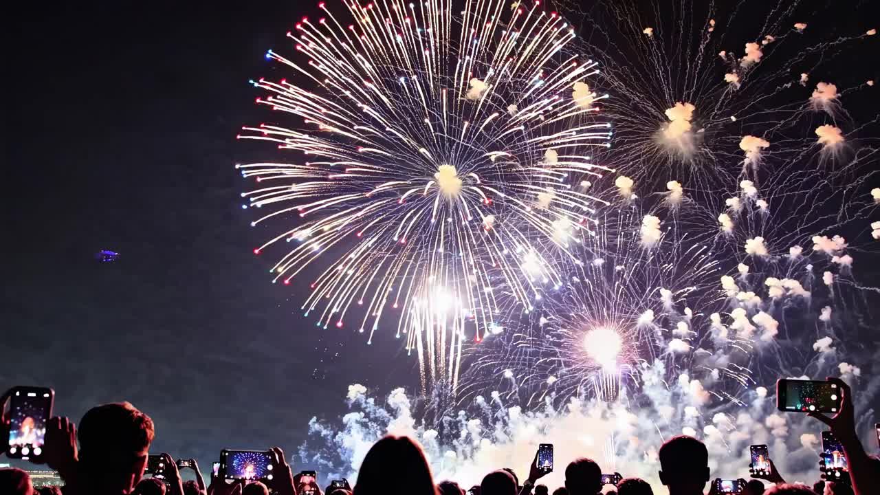 Spectators using smartphones recording vibrant fireworks exploding in dark sky during a festive event, creating a memorable shared experience