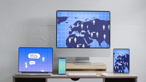 computer, laptop, tablet and smartphone with data processing on screens in office