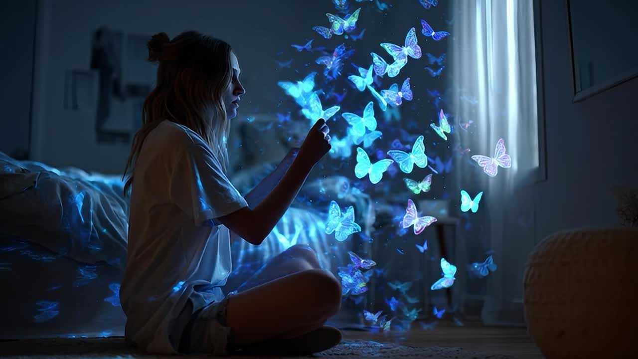 Giovane donna interagisce con farfalle luminose in una stanza poco illuminata