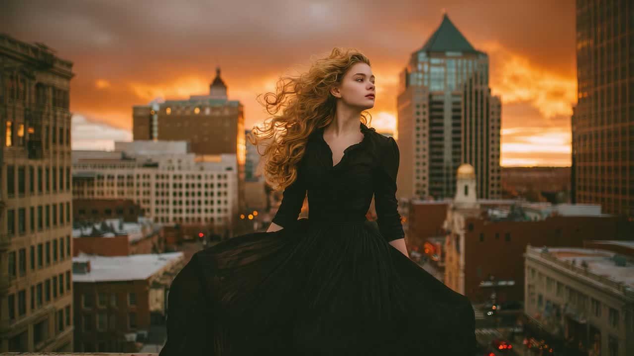 A Captivating Portrait of a Woman in a Flowing Black Dress Against a Stunning Urban Sunset, Emphasizing Beauty and Elegance Amidst City Lights