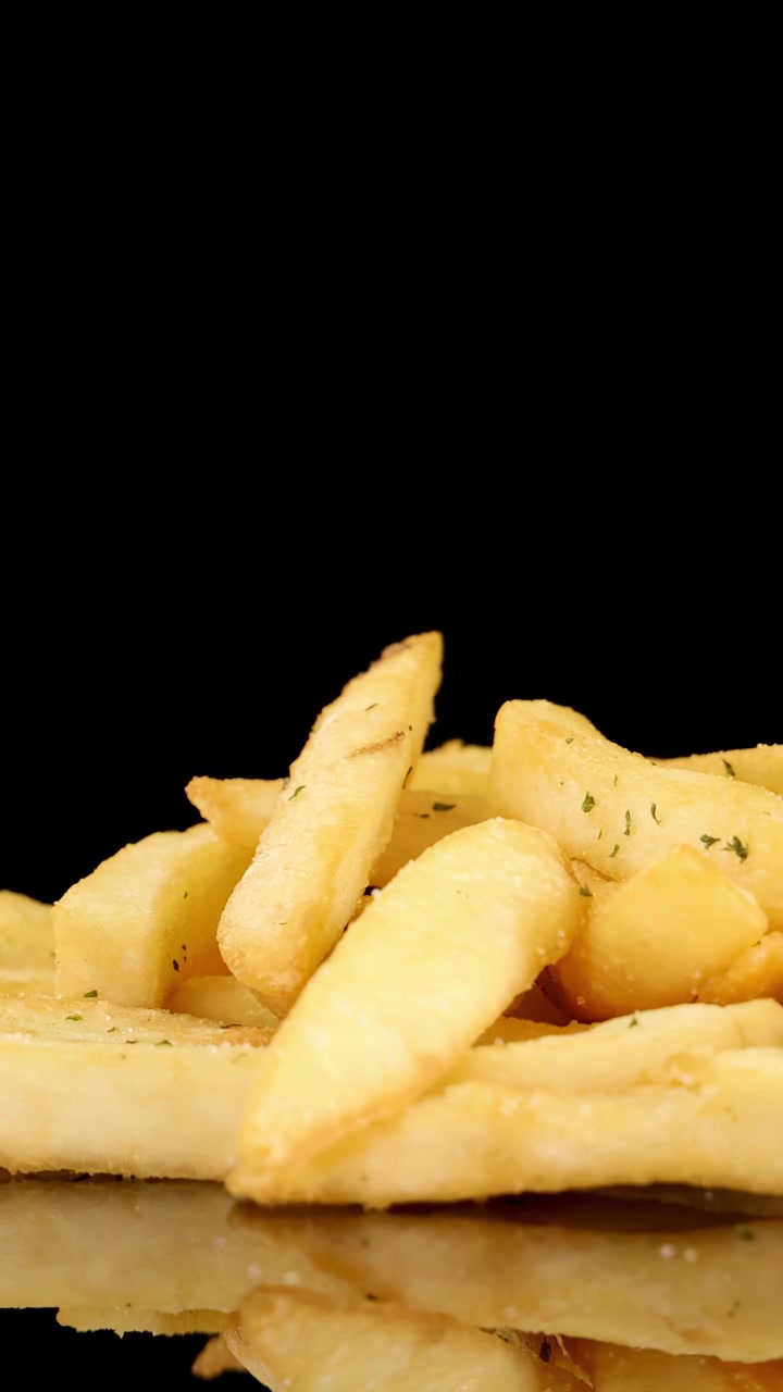 Patatas fritas doradas giran lentamente sobre una superficie reflectante con una iluminación de estudio dramática, resaltando la textura y el condimento sobre un fondo negro liso en alta resolución.