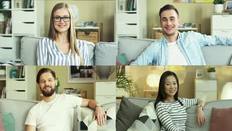 retrato de jóvenes alegres y sonrientes sentados en el sofá en una habitación acogedora. pantalla múltiple en hombres y mujeres felices descansando en casa. chica asiática bonita en el interior. hermosa mujer caucásica con gafas