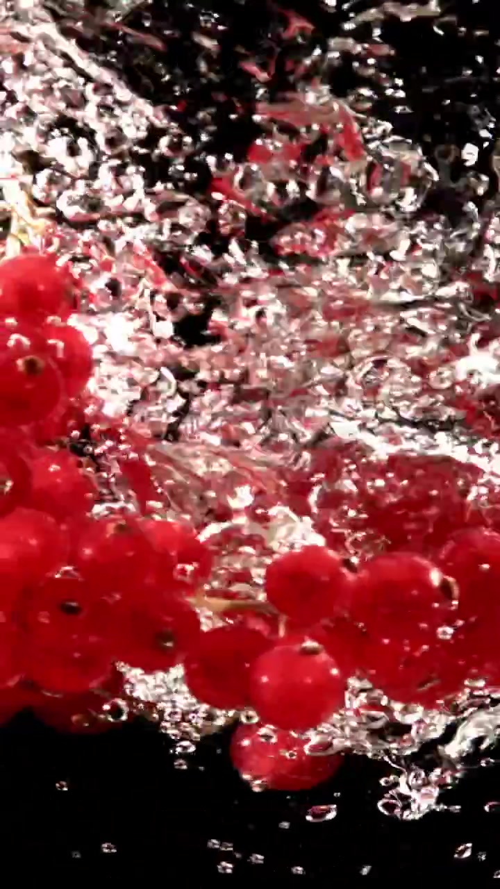 Fresh Red Currants Splashing into Water with Bubbles