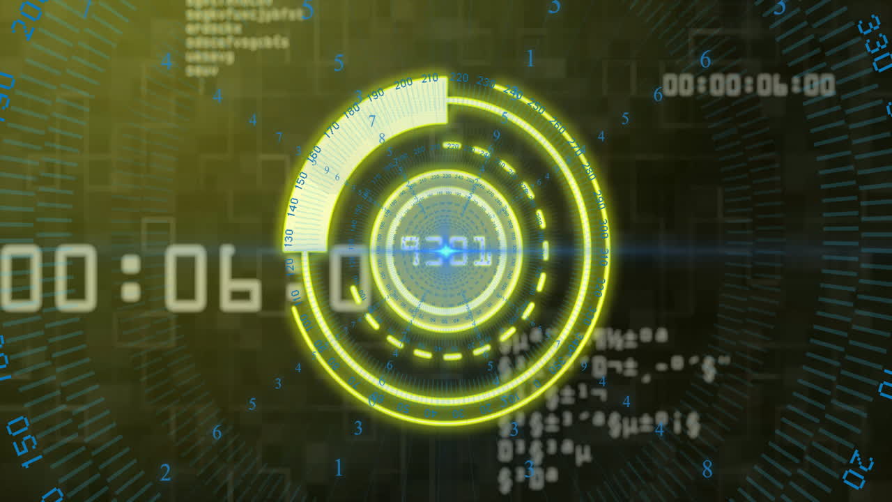 Animation of rotating yellow circles with numerical data overlay on digital interface