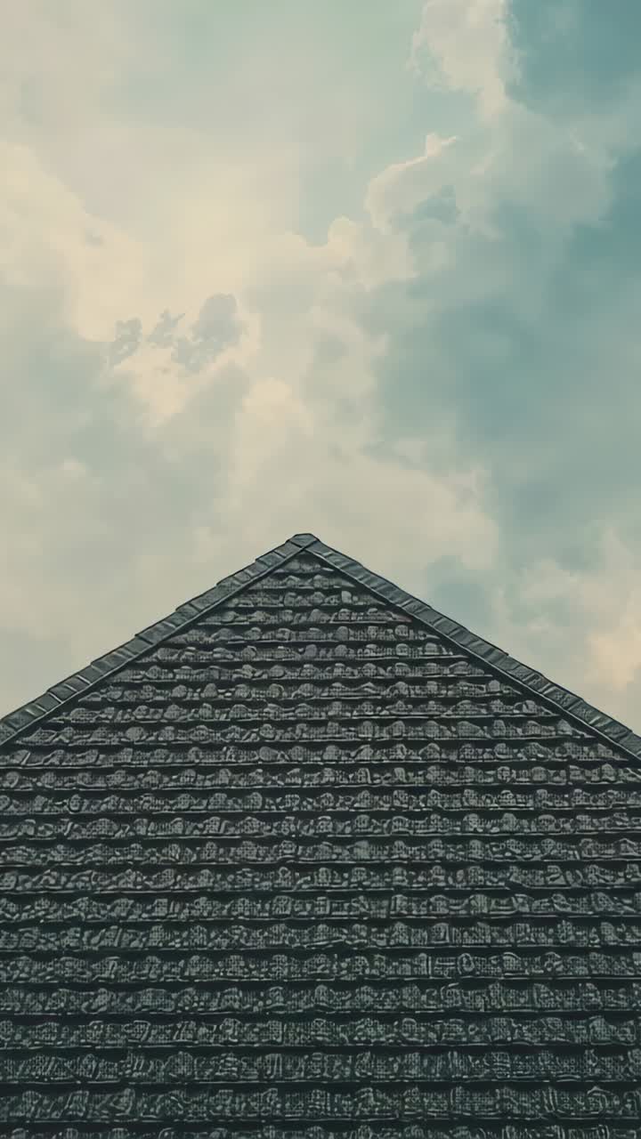 Vertical video: Gentle wind sending cumulus clouds drifting above tiled roof apex with ridge gutter