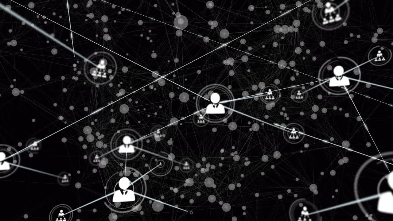 검은 바탕에 선으로 연결된 연결된 점과 프로파일 아이콘의 애니메이션