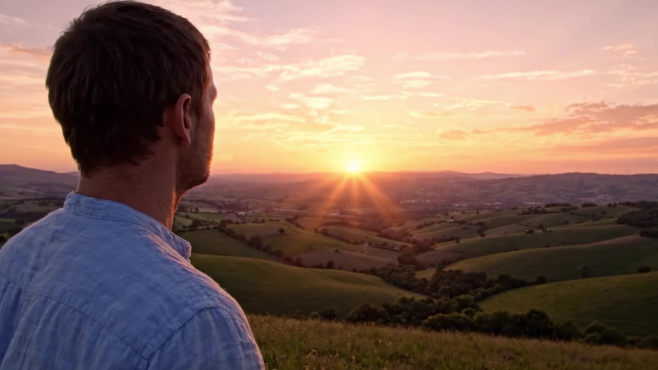 Un tramonto sereno su colline ondulate: Un riflesso silenzioso della bellezza della natura mentre il sole tramonta sotto l'orizzonte, proiettando colori caldi sul paesaggio