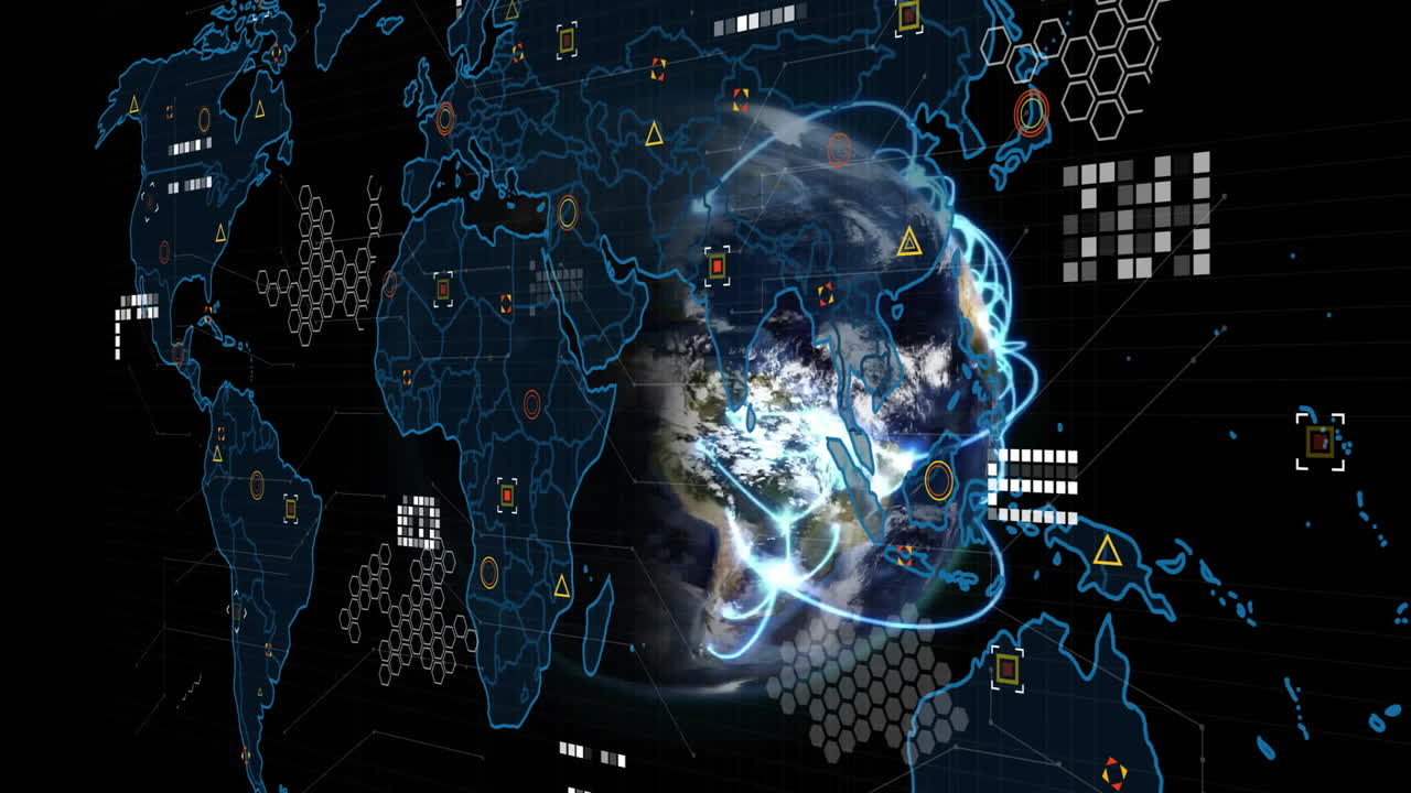 Digital world map with data processing animation over Earth and network connections