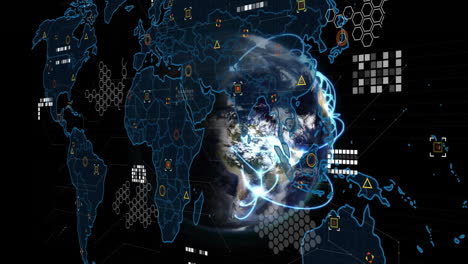 digital world map with data processing animation over earth and network connections