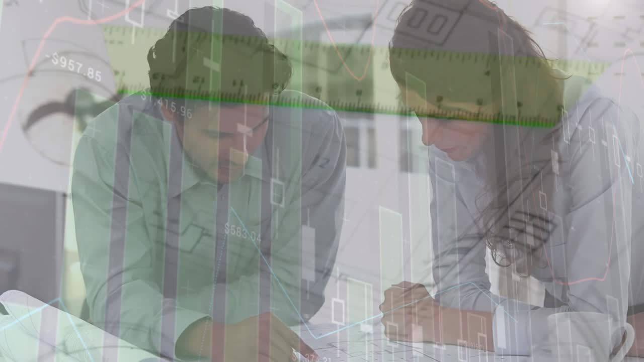 animación del procesamiento de datos con estadísticas sobre arquitectos masculinos y femeninos hablando