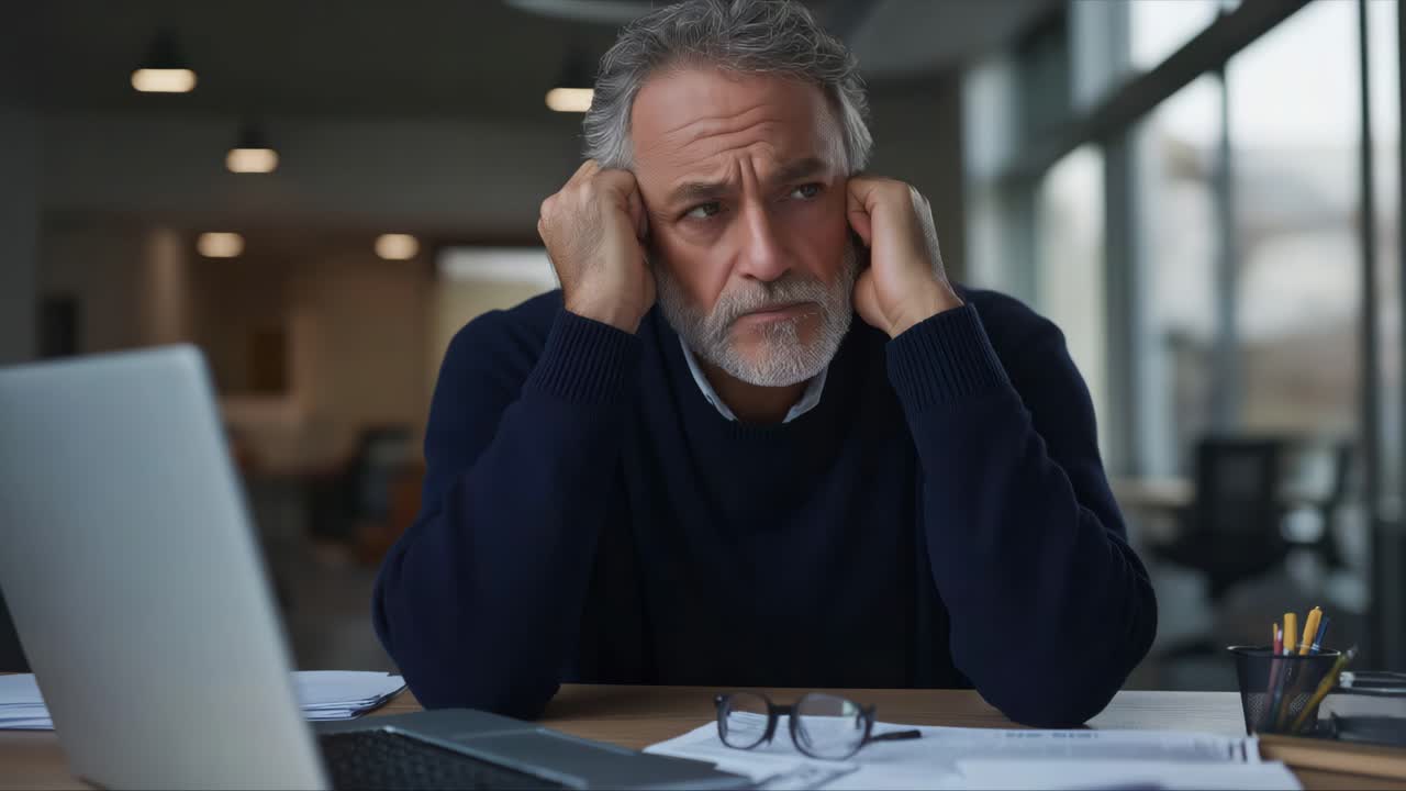 Pensive man at desk in office setting