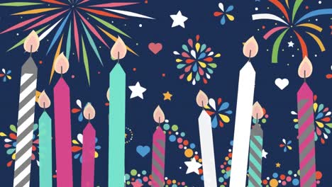 animation of gold christmas candles and new year fireworks on dark blue background