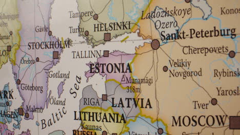 close-up of a political map showing the baltic sea region, including estonia, latvia, and lithuania