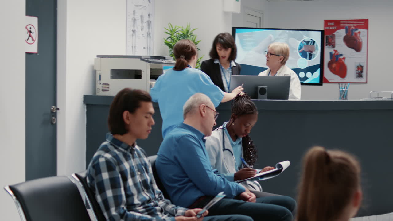 Hospital Waiting Room Scene with Patients and Medical Staff