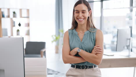 Face,-woman-and-employee-with-arms-crossed