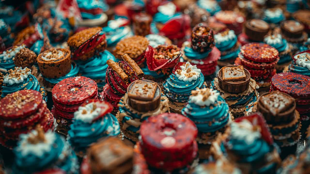 Kamera verlagert den Fokus an einer Gebäckvitrine und zeigt blaue Cupcakes, rote Donuts und Schokoladenbecher.