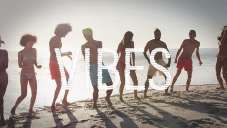 animation of text vibes over people by seaside