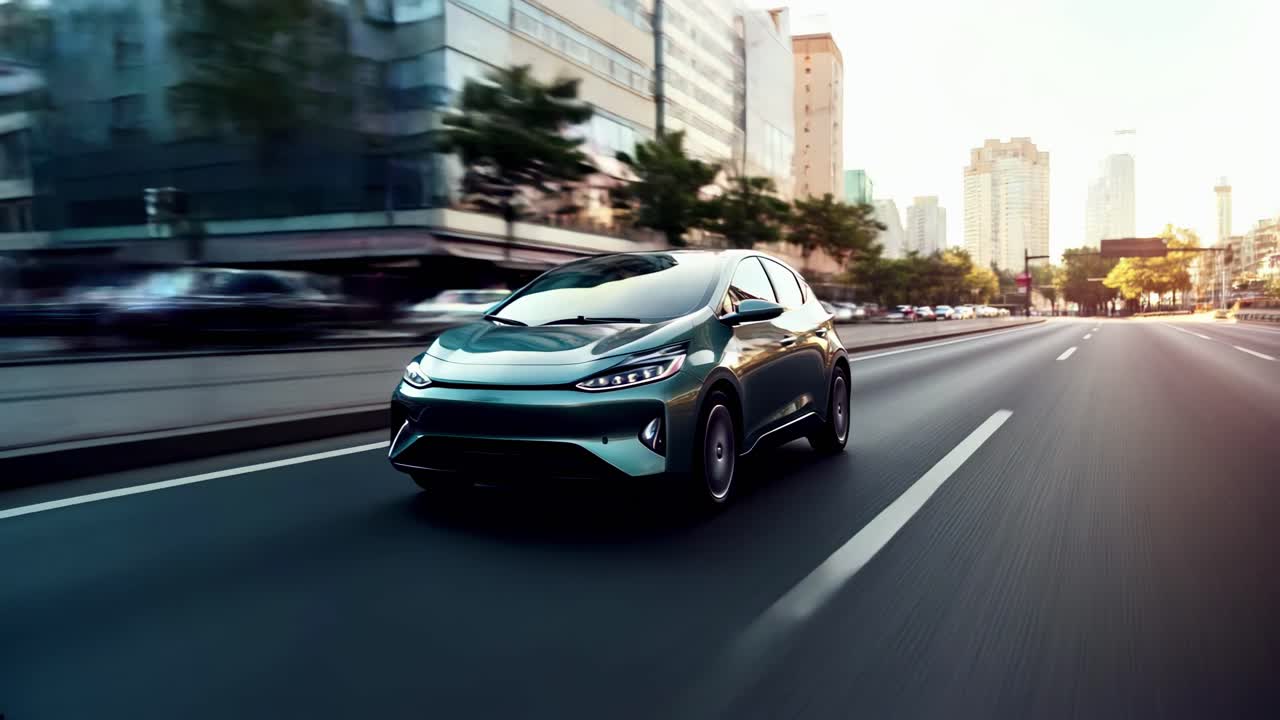 Vídeo dinâmico de paisagem urbana com um carro elegante em uma estrada urbana vazia