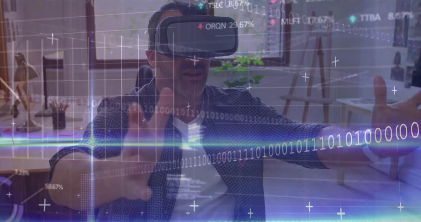 Animation of data processing over businesswoman using vr headset