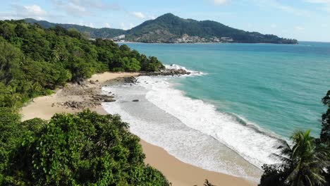 Laem-Sing-Beach-in-Phuket-without-Tourists,-Hidden-Beach-on-the-Andaman-Sea,-Drone-Shot