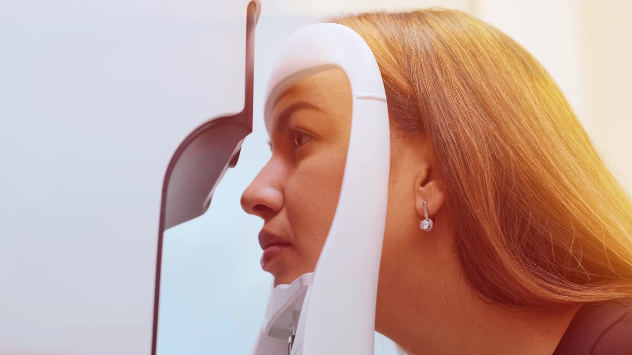 optometrista masculino con marco de prueba comprobando la visión de una mujer hermosa en la clínica ocular