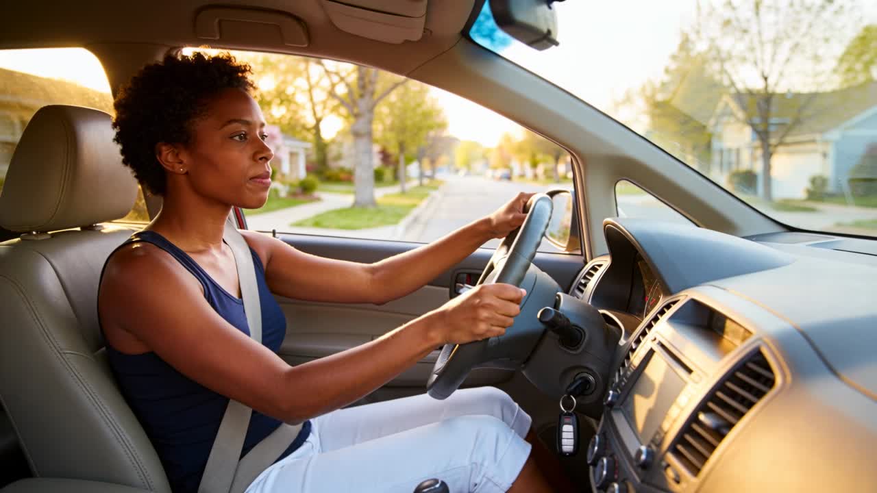 Femme conductrice en haut bleu marine tournant la clé de contact, dirigeant le volant en balayant du regard, conduisant le long d'une rue de banlieue