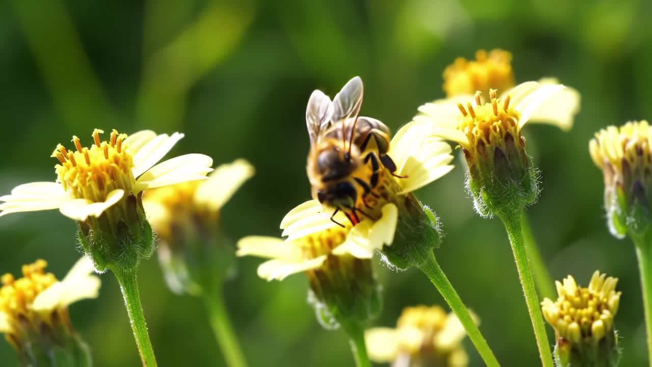 A Bumblebee Pollinating Bright Yellow Wildflowers in a Lush Green Garden, Capturing the Beauty of Nature's Ecosystem and the Importance of Pollinators