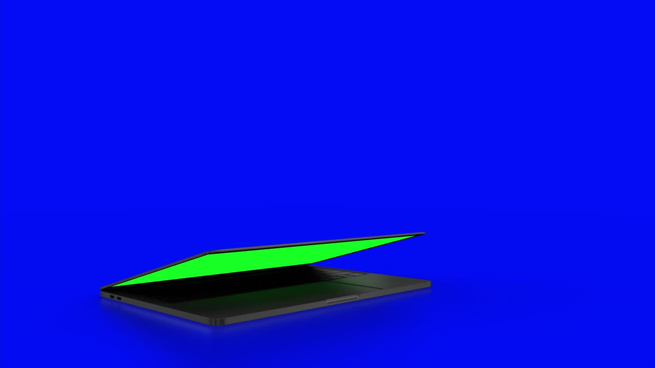 4K Video. Laptop (Notebook) Turning On With green Screen On A blue Background.
