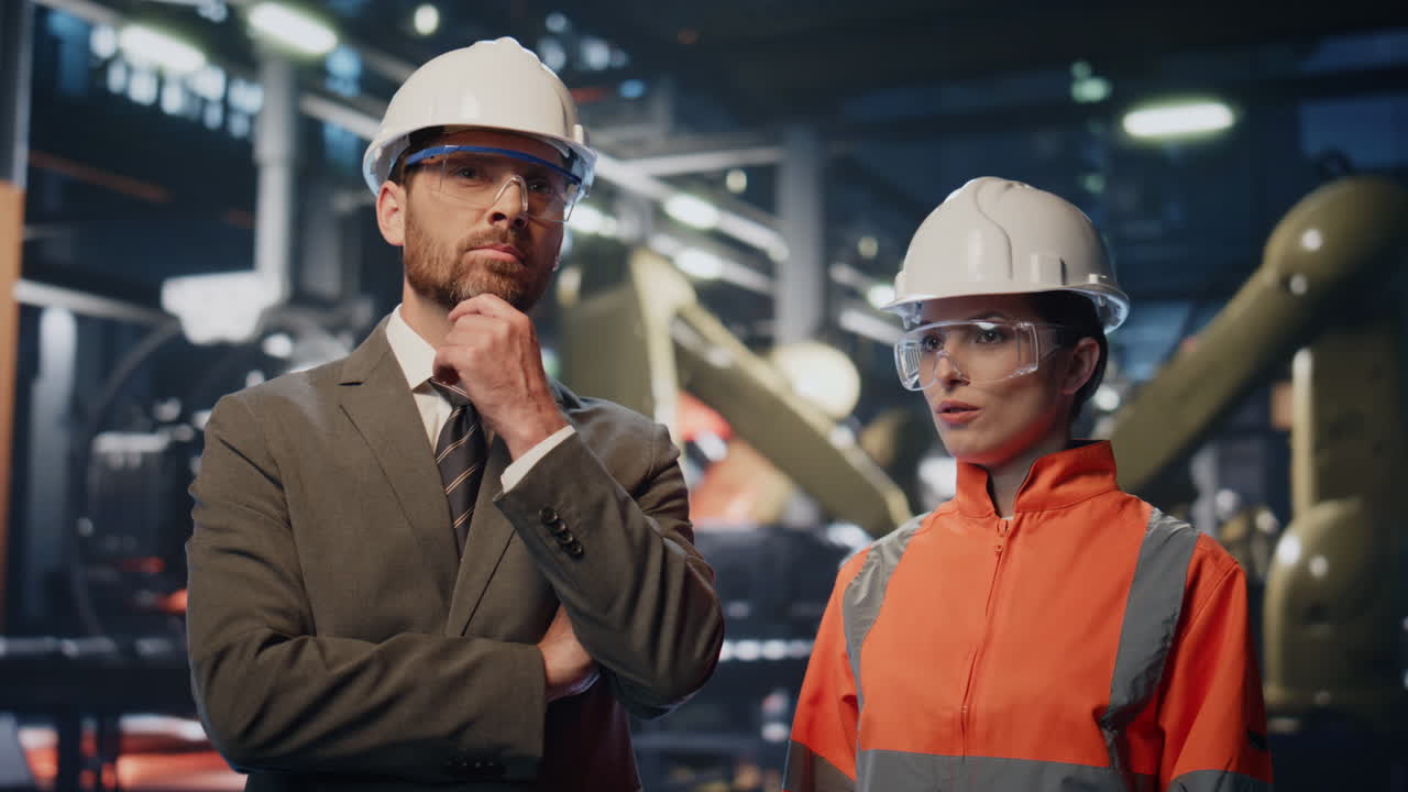 jefe examinando las instalaciones de la fábrica con una mujer especialista. ingeniero estrechando la mano