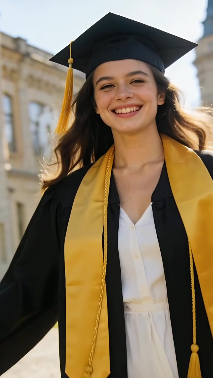 Video verticale: Laureato sorridente che cammina verso l'obiettivo nel campus per la laurea, indossando tocco e stola.