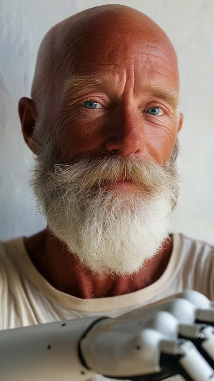 A unique encounter between human and technology, showcasing the profound connection between a distinguished elderly man and his robotic hand companion
