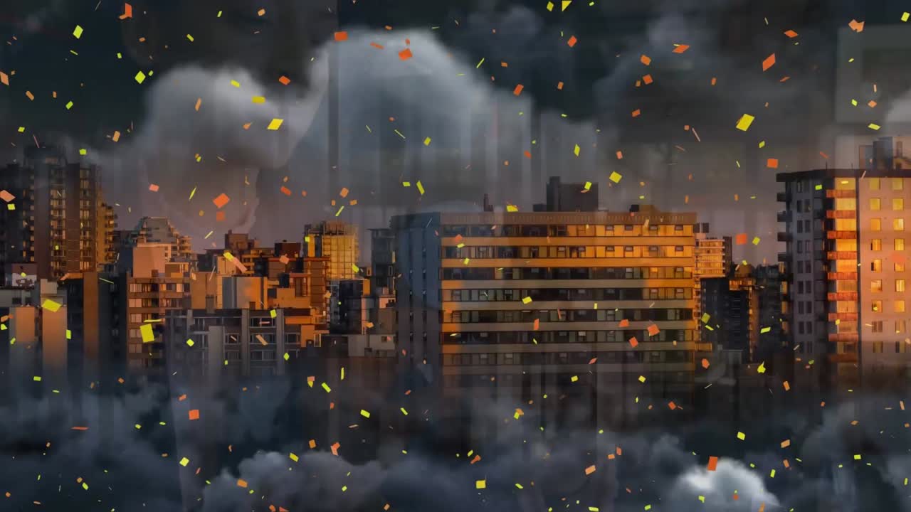 도시 풍경 위의 미디어 아이콘과 연결 네트워크의 애니메이션