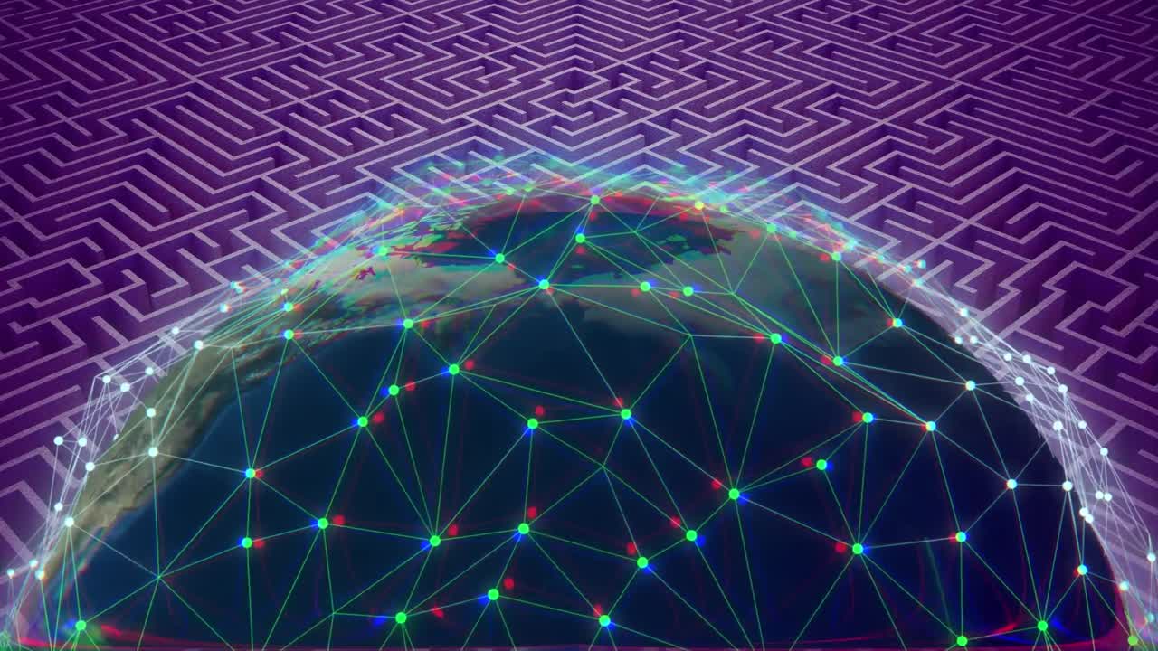 Animation of spinning globe with connections over pattern on purple background